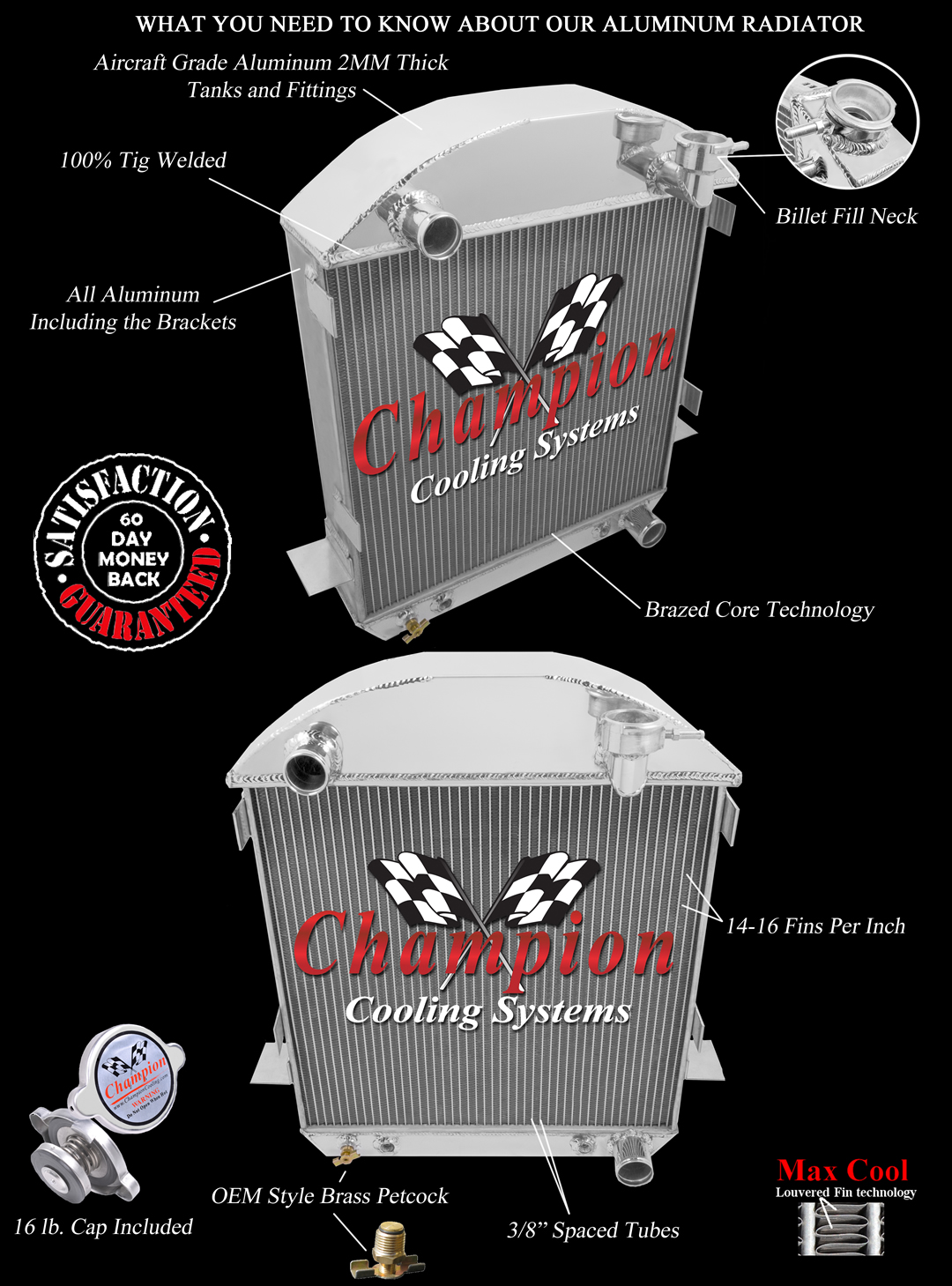 4 Row QR Champion Radiator Chevy Configuration fits 1917-1927 Ford T-Bucket