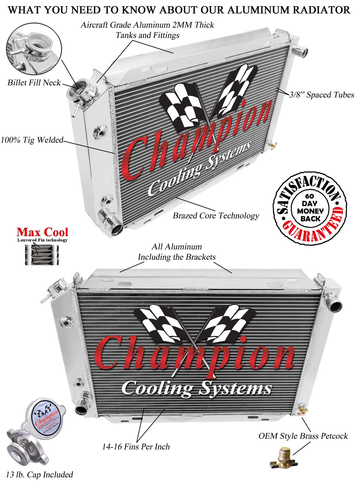 Champion Cooling 2 Row Radiator with 1" Tubes For 79-93 Ford Mustang