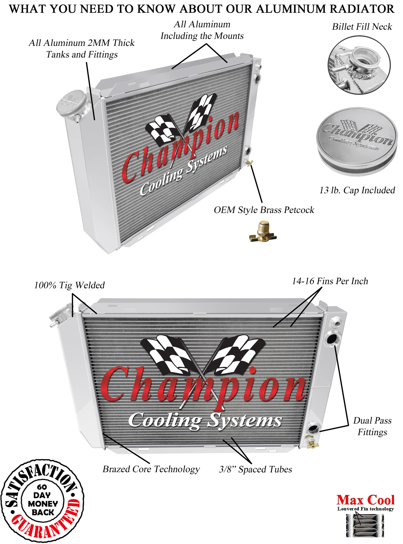 Cold Champion 3 Row Dual Pass Radiator,1.5,1.75 for 1979-1993 Ford Mustang LS