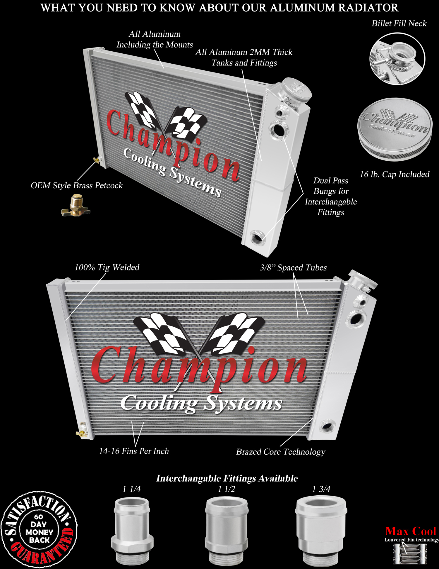 QR Champion 3 Row Radiator 26",1 1/2" Fittings for 1970 - 1981 Camaro LS Swap