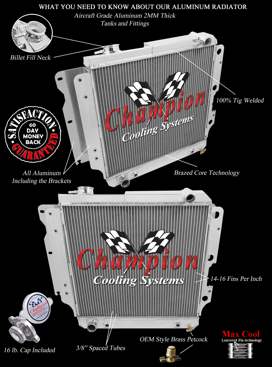 Rockin Champion 4 Row All Aluminum Radiator for 1987 - 2006 Jeep Wrangler
