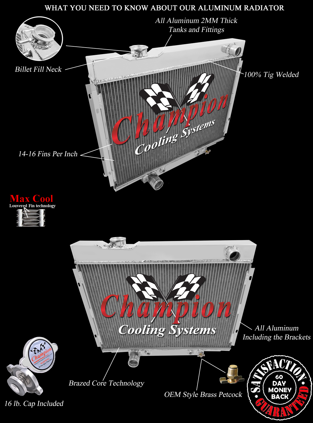 RN Champion 3 Row All Aluminum Radiator for 1967 - 1970 Ford Mustang V8 Engine
