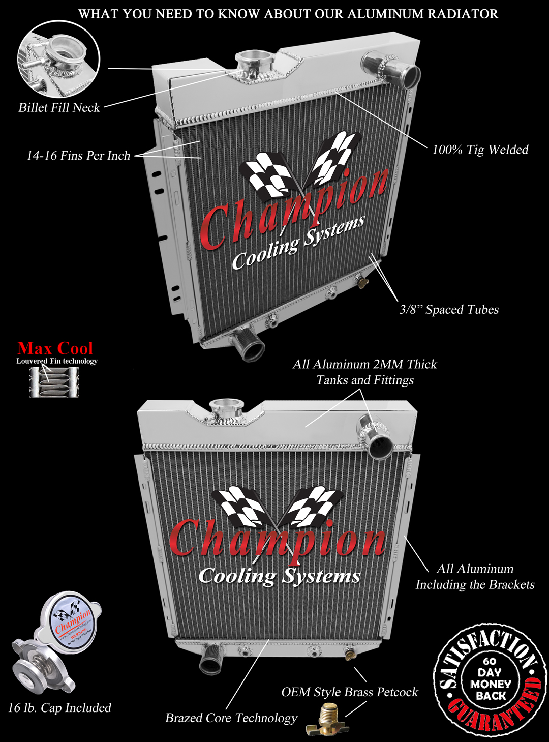 Rockin Champion 3 Row All Aluminum Radiator for 1964 - 1966 Ford Mustang V8 Swap