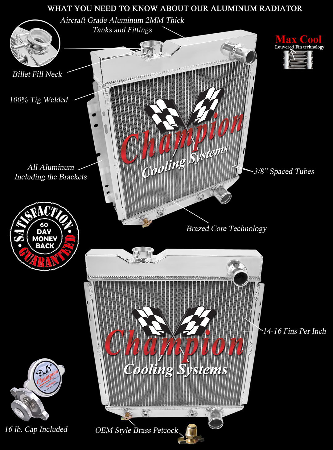 Rockin Champion 3 Row All Aluminum Radiator for 1964 1965 1966 Ford Mustang