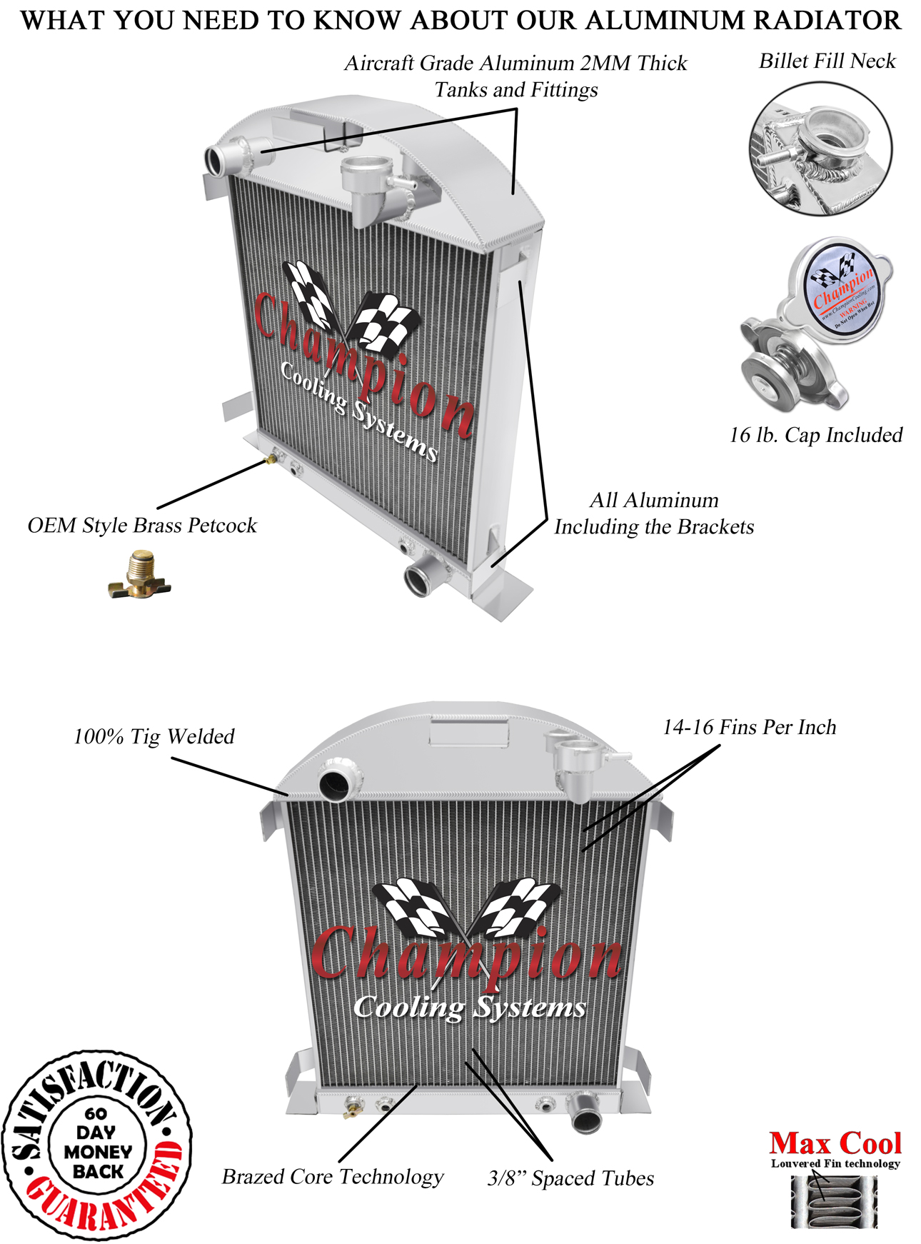 2 Row DR Champion Radiator for 1928 1929 Ford Model A Chevy Configuration