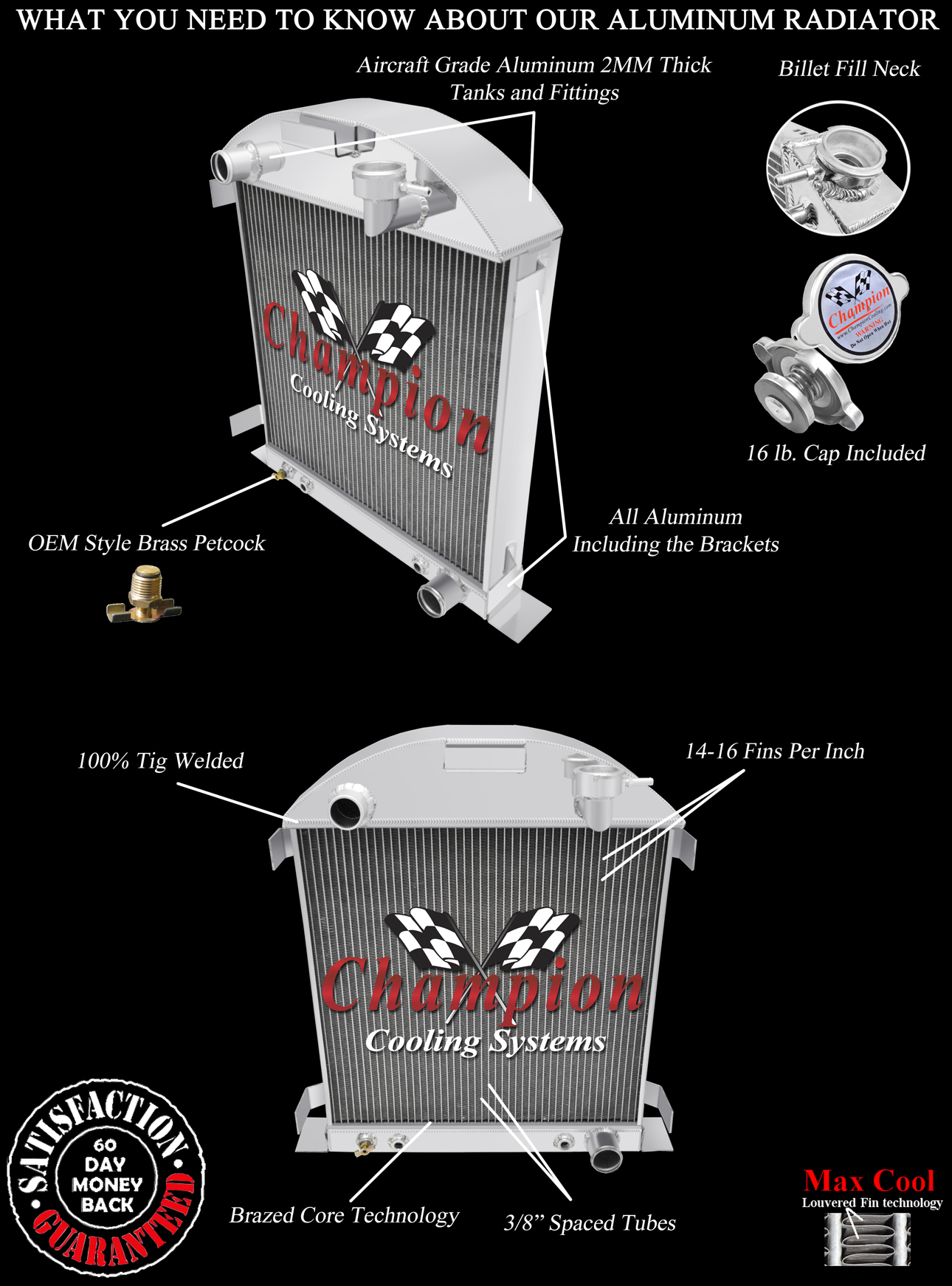 2 Row Queen Champion Radiator for 1928 1929 Ford Model A Chevy Configuration