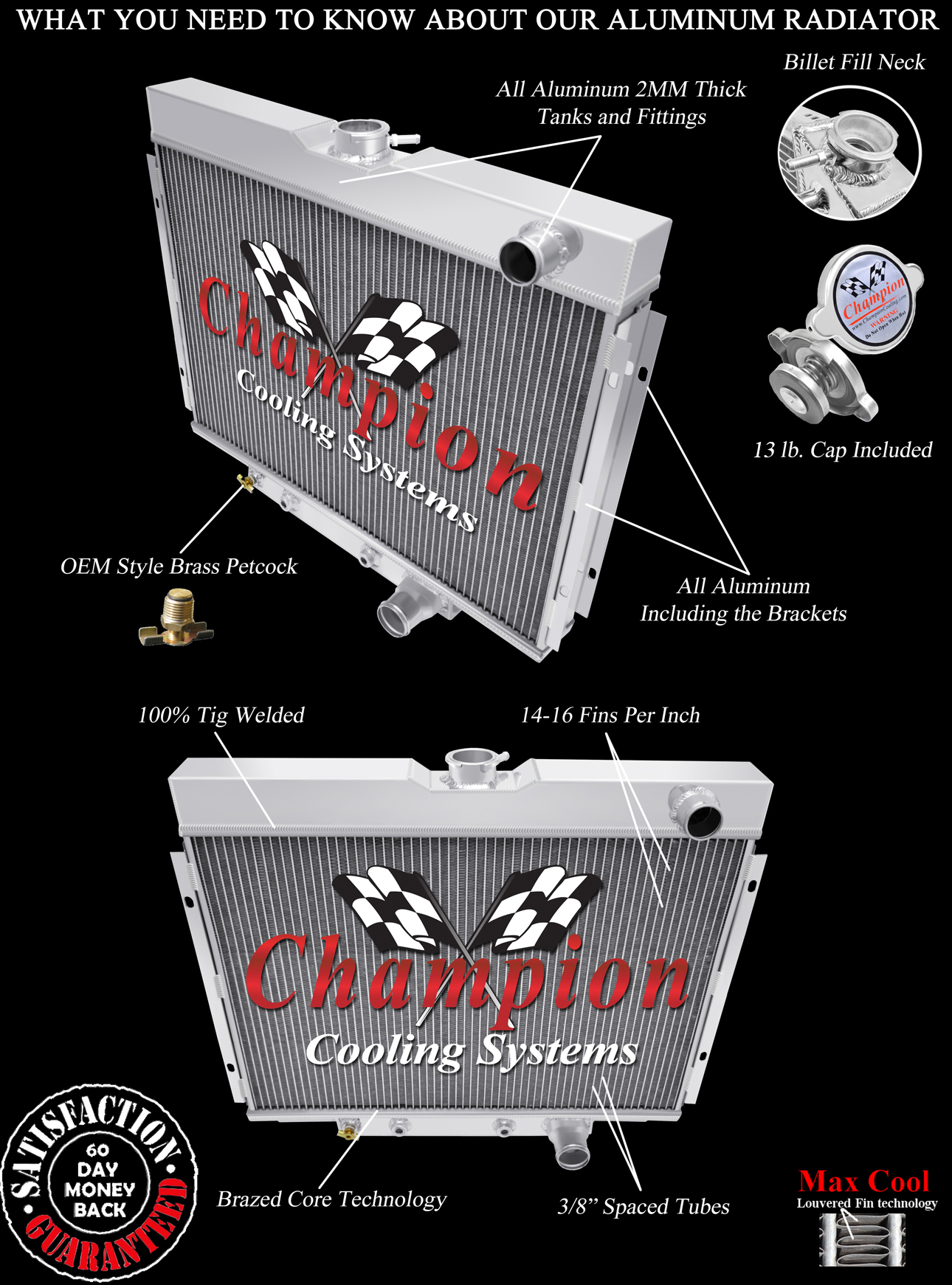2 Row QR Champion Radiator Lowhose Pass 24" Core for 1967 - 1970 Ford Mustang 2 Row QR Champion Radiator Lowhose Pass 24" Core for 1967 - 1970 Ford Mustang