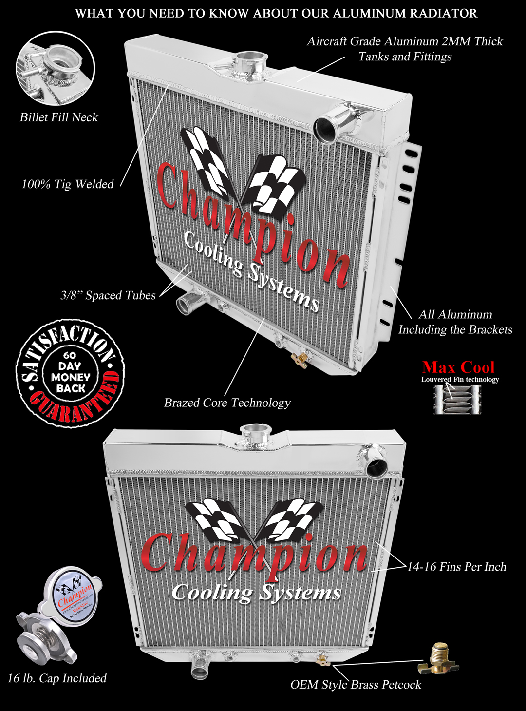 3 Row RN Champion Radiator Lowhose Driver 20" Core for 1970 - 1977 Ford Maverick