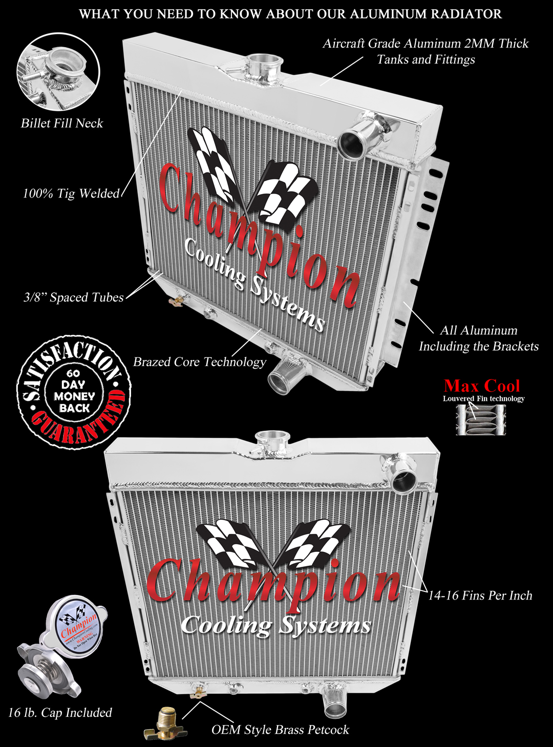 2 Row 1" QR Champion Radiator Lowhose Pass 20" Core for 1967 - 1970 Ford Mustang