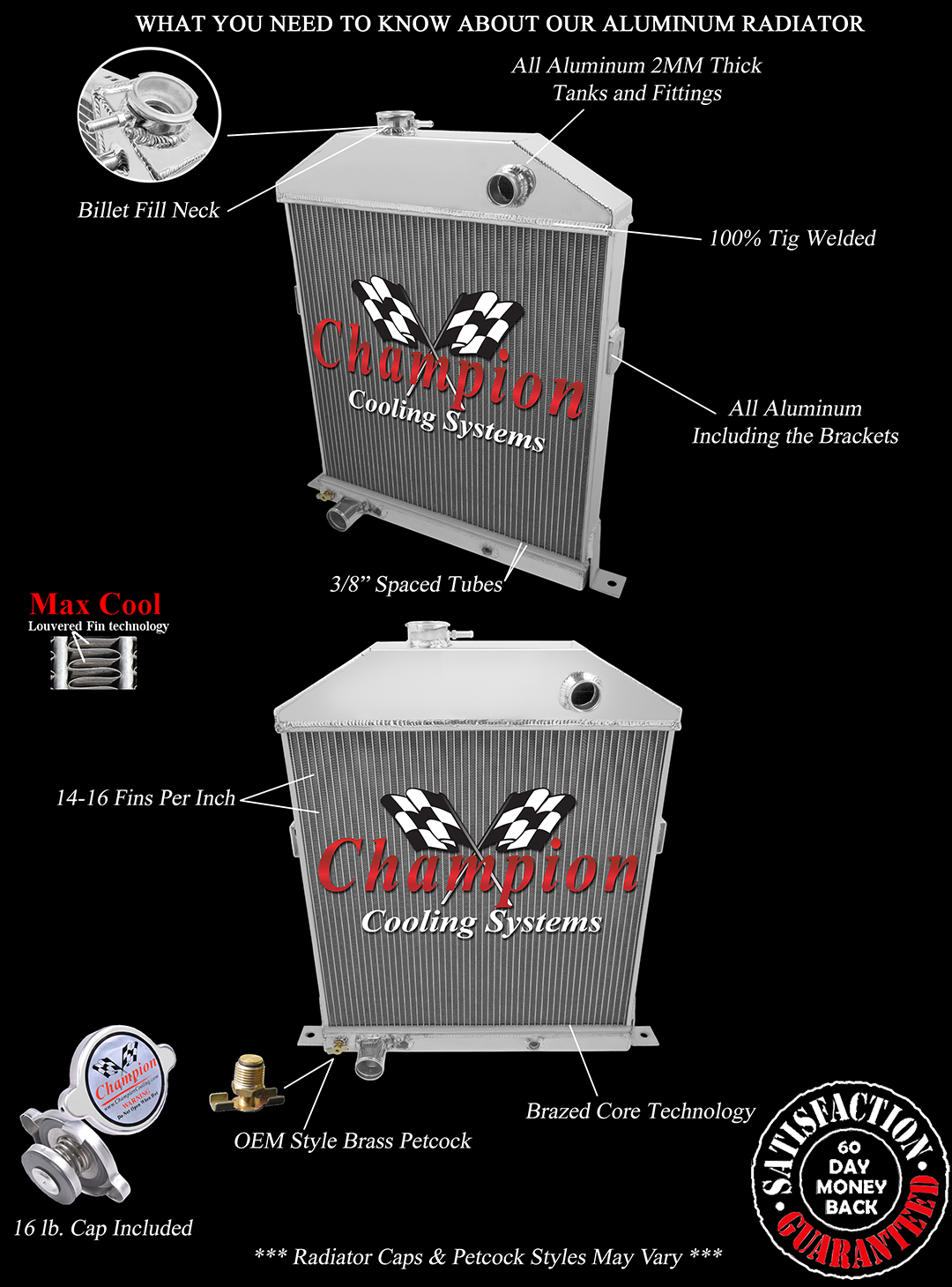 2 Row 1" Tubes QR Champion Radiator for 1942 - 1948 Ford Coupe Ford Config 2 Row 1" Tubes QR Champion Radiator for 1942 - 1948 Ford Coupe Ford Config