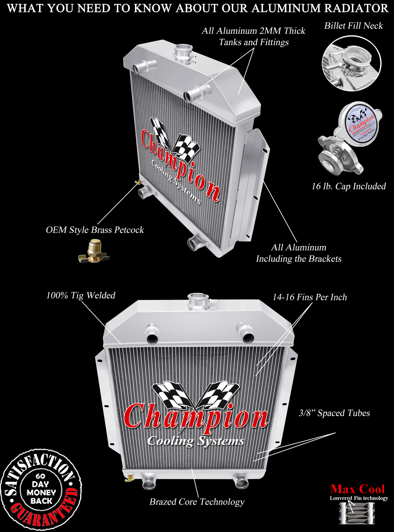 RN Champion 2 Row Radiator Flathead Configuration for 1949 - 1953 Ford Cars