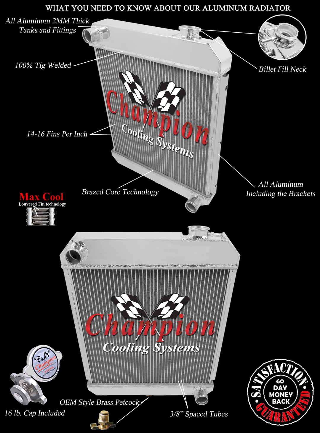 2 Row All Aluminum Performance Radiator For 1960 - 66 Chevy Truck 6Cyl