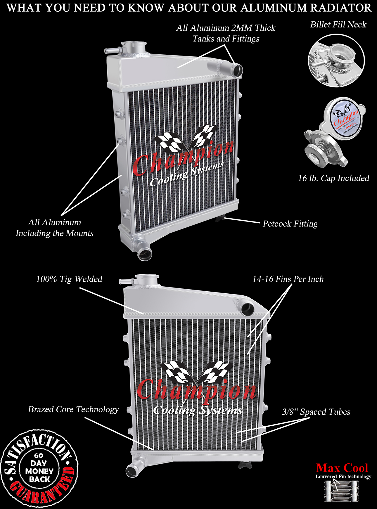 Rockin Champion 2 Row All Aluminum Radiator for 1961 - 1975 Austin Mini #EC6175