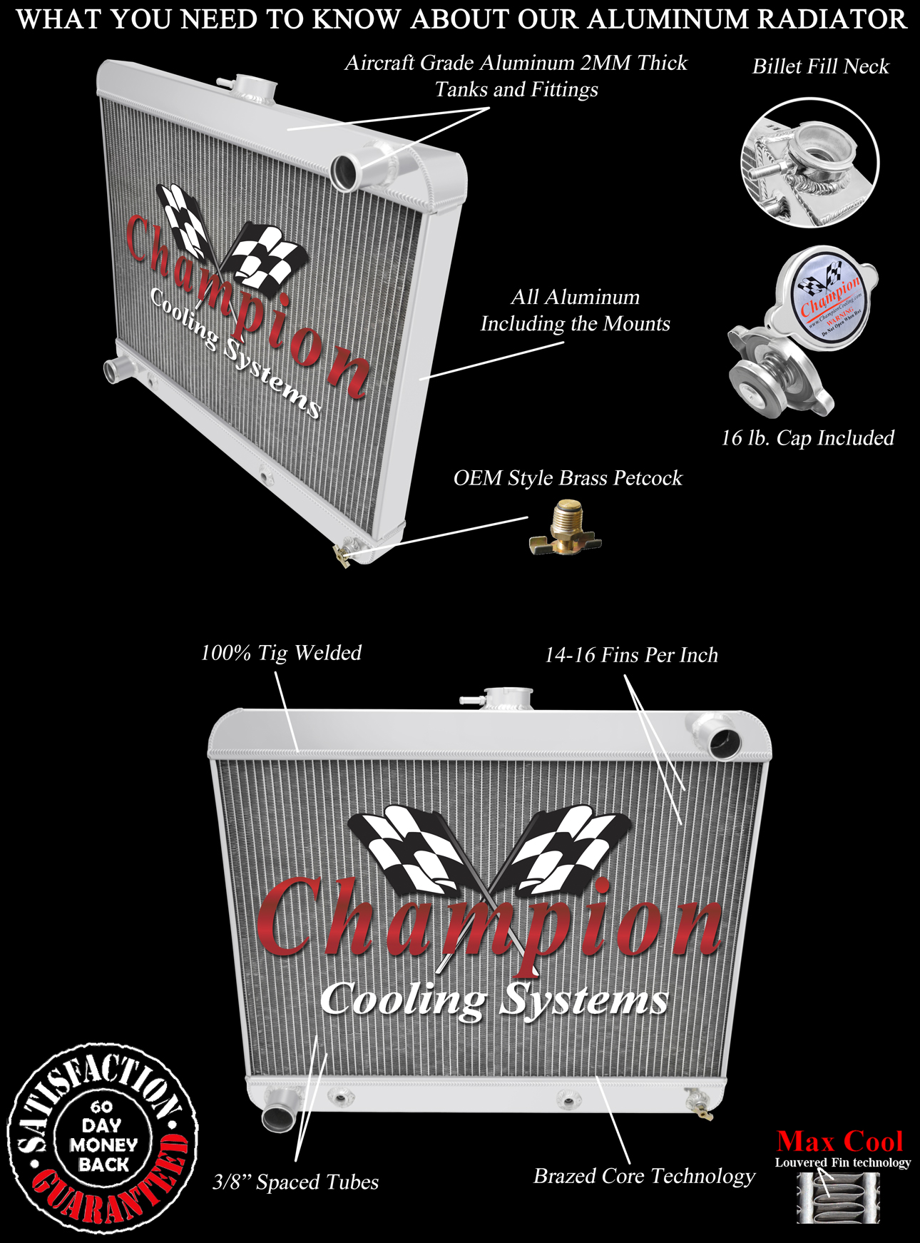 RN Champion 2 Row All Aluminum Radiator for 1963 - 1965 Buick Riviera V8 Engine