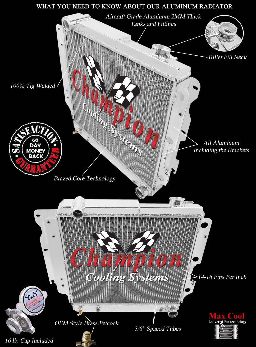 RN Champion 4 Row Radiator for 1987 - 2006 Jeep Wrangler Chevy V8 Conversion