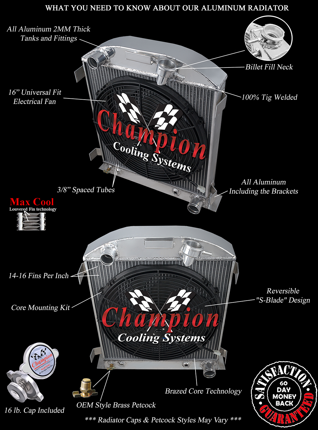 2 Row BC Champion Radiator for 1932 Ford Chopped Chevy//Mopar Configuration
