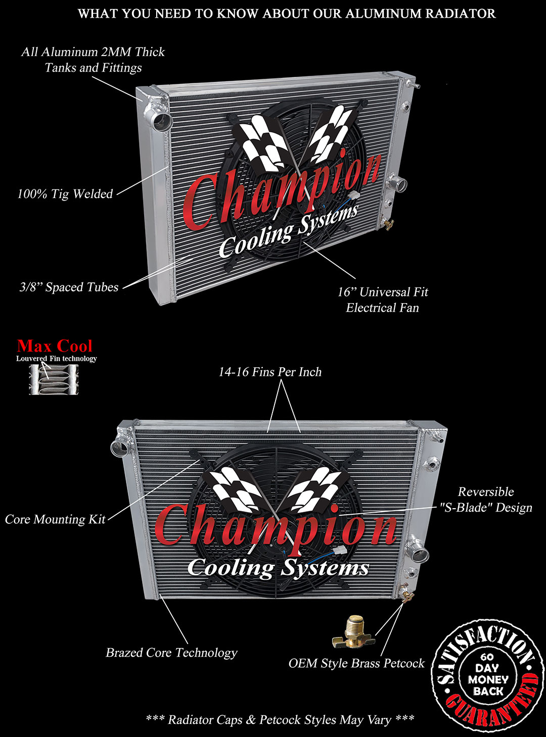 RN Champion 2 Row Radiator, 16" Fan for 1989 - 1996 Chevrolet Corvette V8 Engine RN Champion 2 Row Radiator, 16" Fan for 1989 - 1996 Chevrolet Corvette V8 Engine