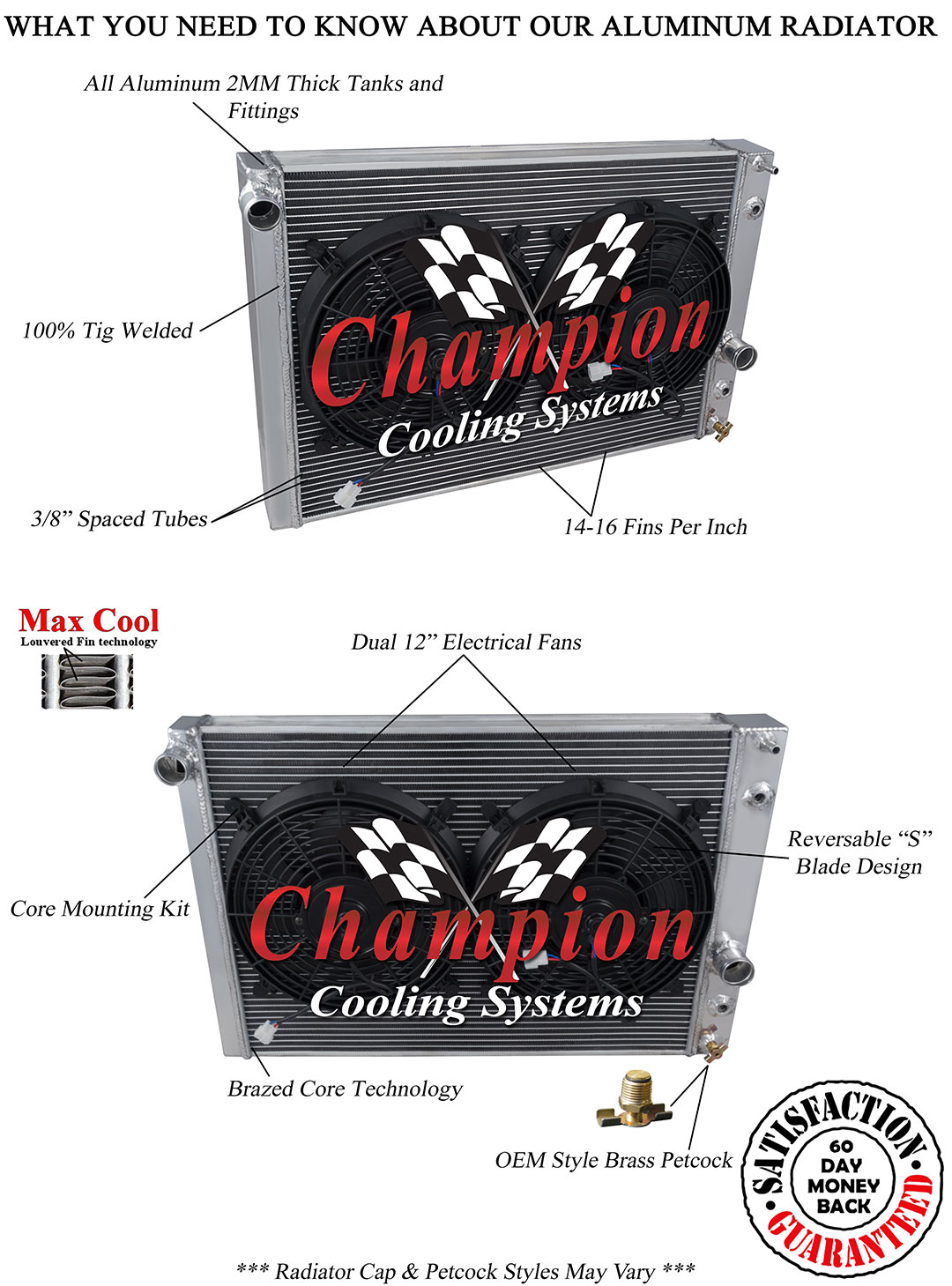 3 Row Racing Champion Radiator,2 12" Fans for 1989 - 1996 Chevy Corvette V8 Eng