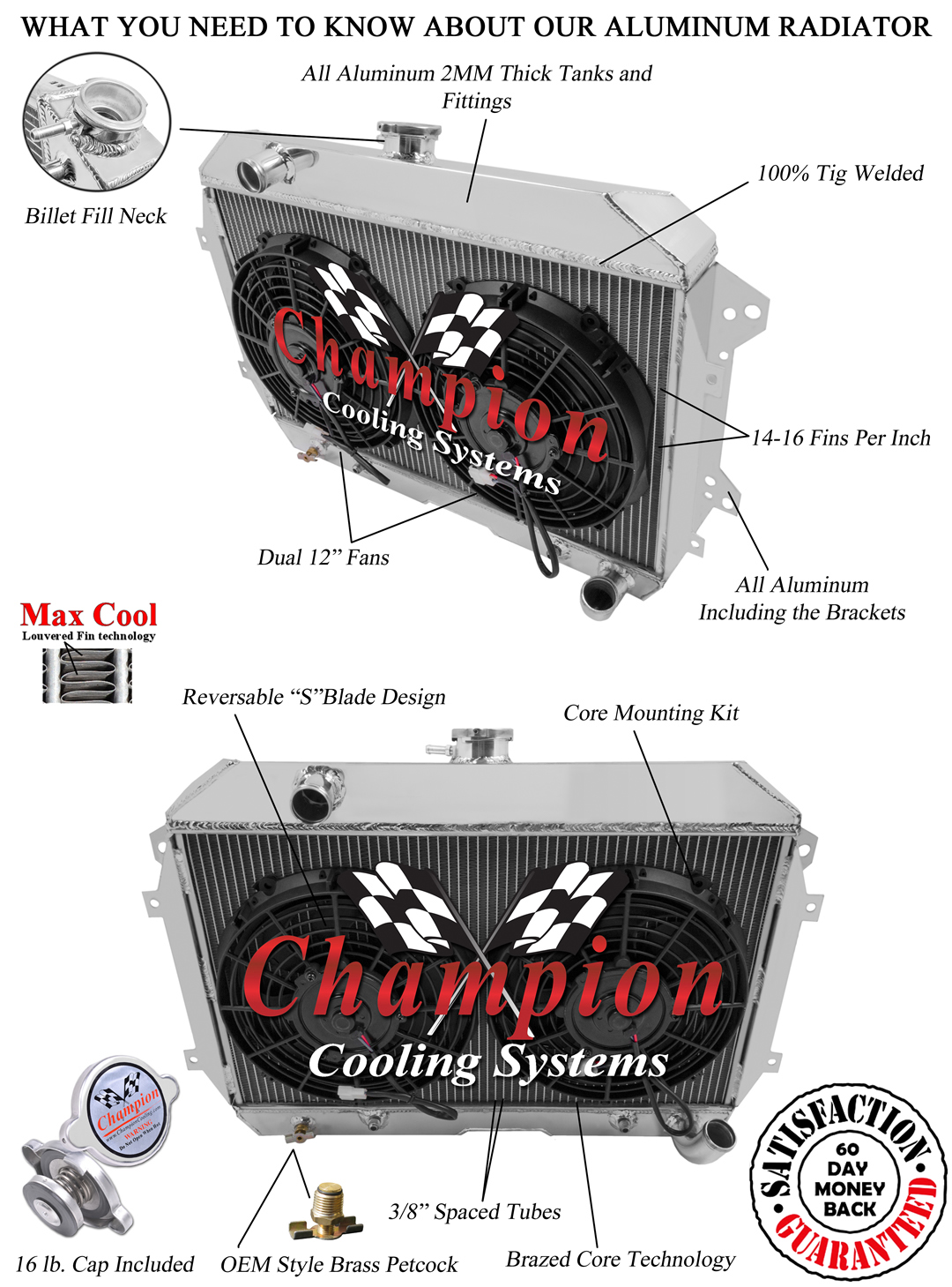 1970 - 73 DATSUN 240Z 3 Row DR Aluminum Champion Radiator 2 x 12" Fan Combo