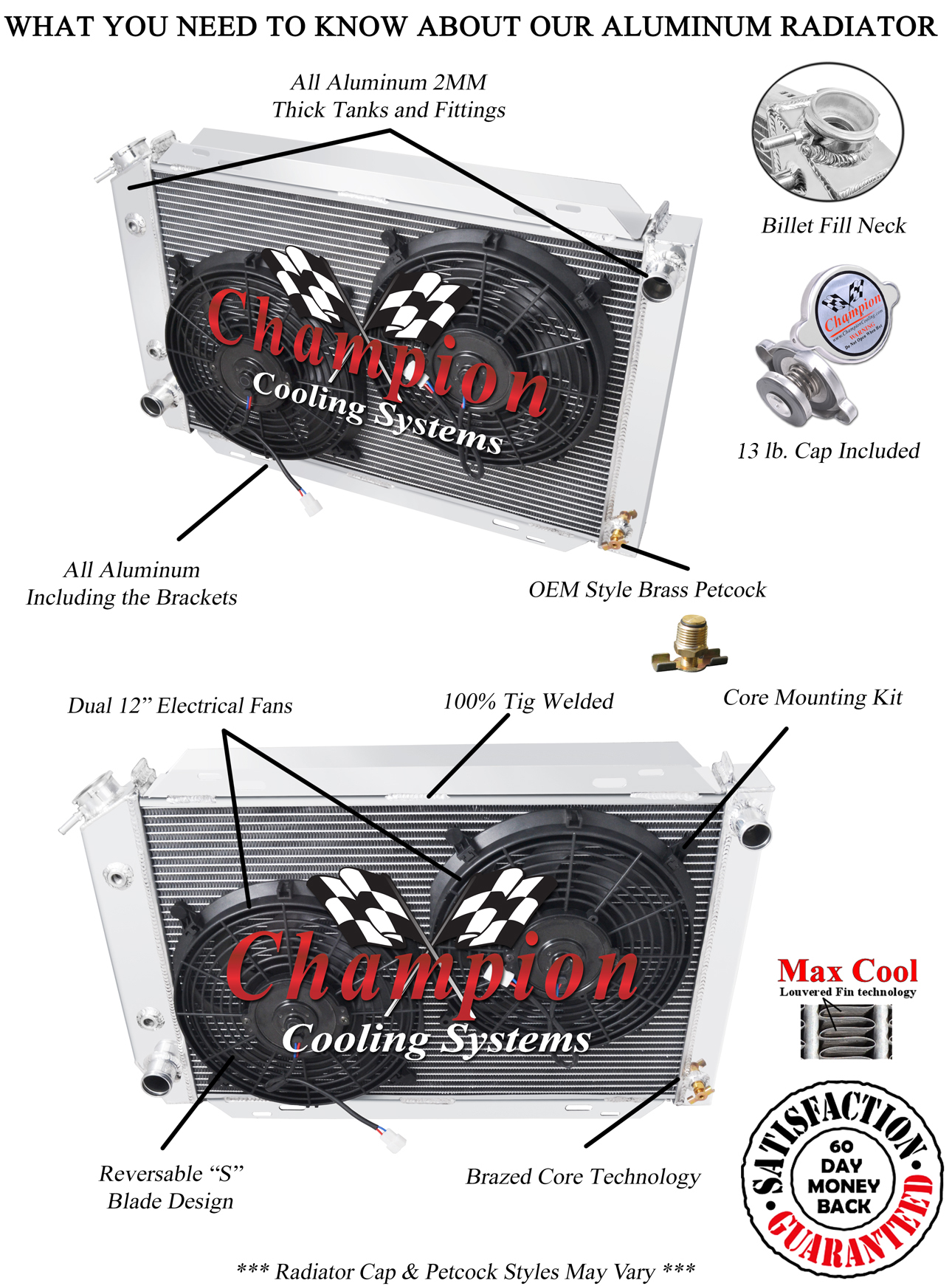 3 Row Supply Champion Radiator W/ 2 12" Fans for 1979 - 1993 Ford Mustang