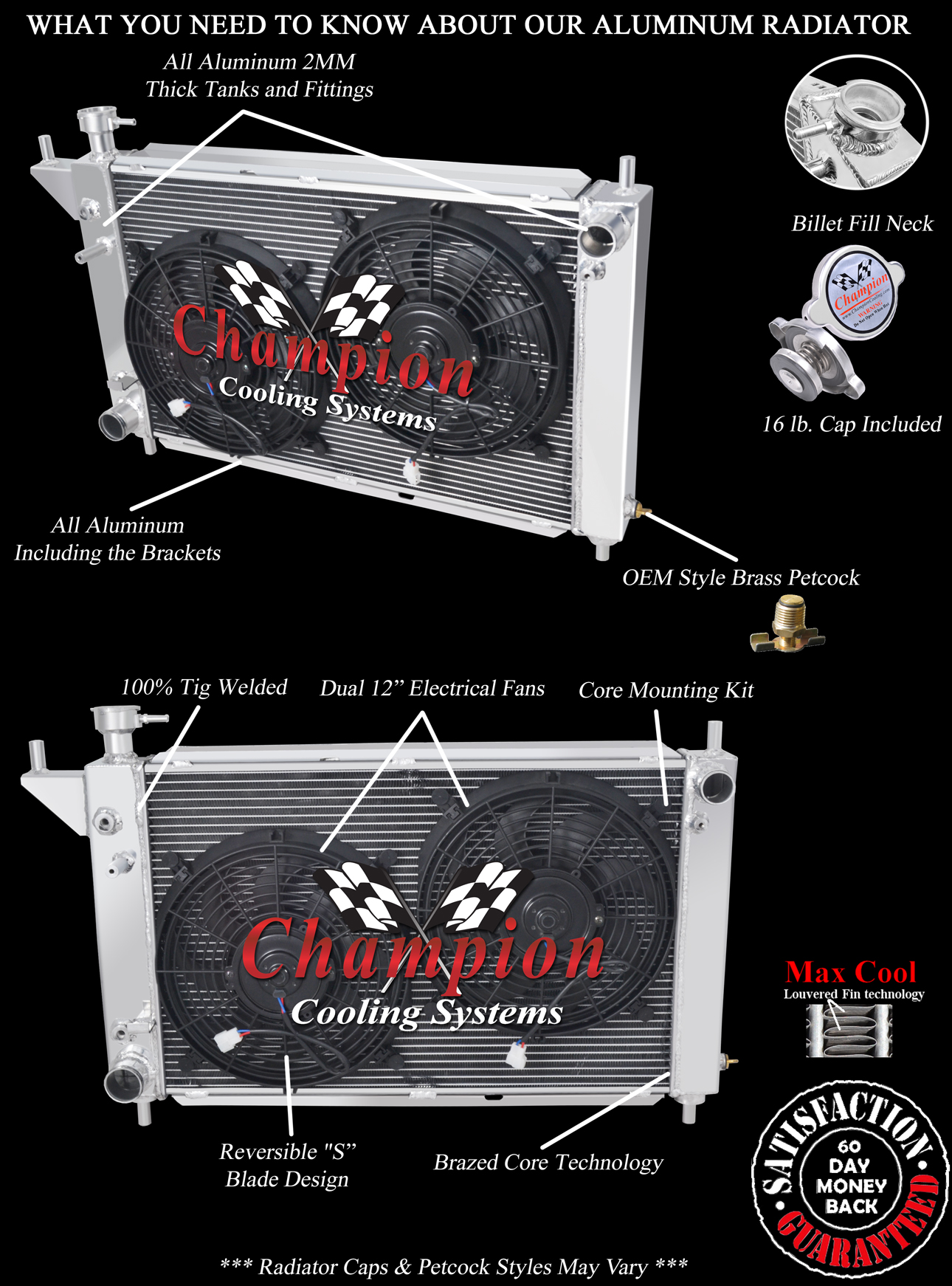 RN Champion 4 Row Radiator W/ 2 12" Fans for 1994 - 1996 Ford Mustang #MC1488