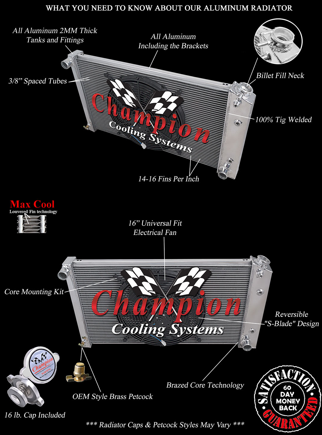 3 Row RN Champion Radiator 17"x28" Core W/ 16" Fan for 1968 - 1977 Chevelle