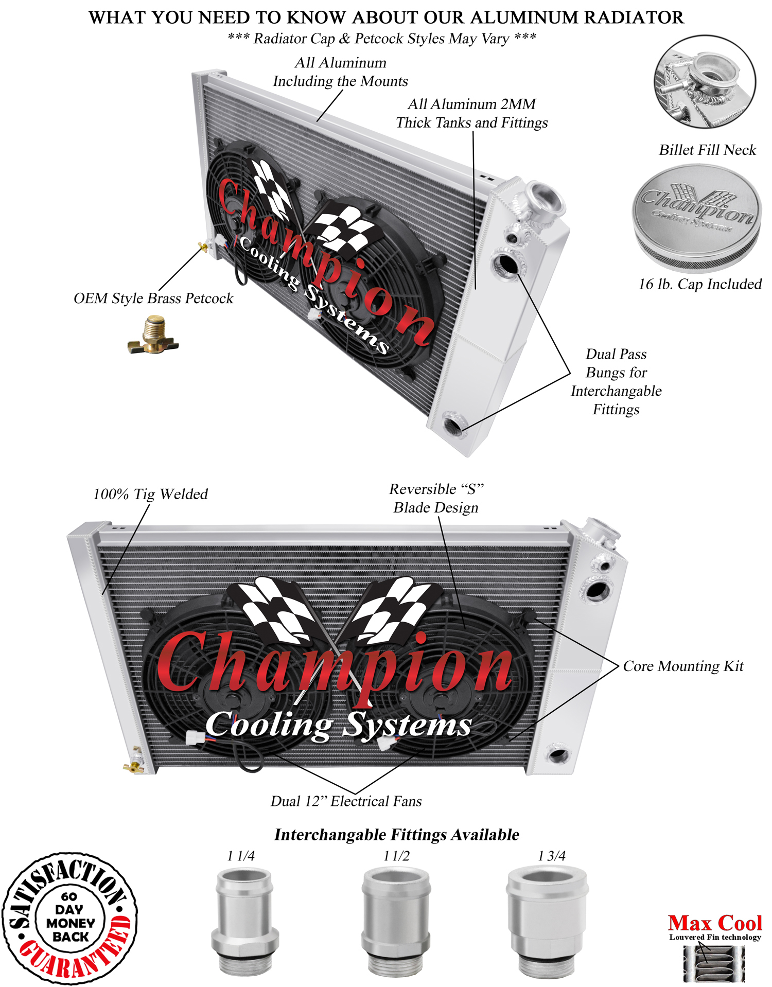 3 Row KR Champion Radiator 26",12" Fans,1 1/2,1 1/2"-1978-1987 El Camino LS Swap