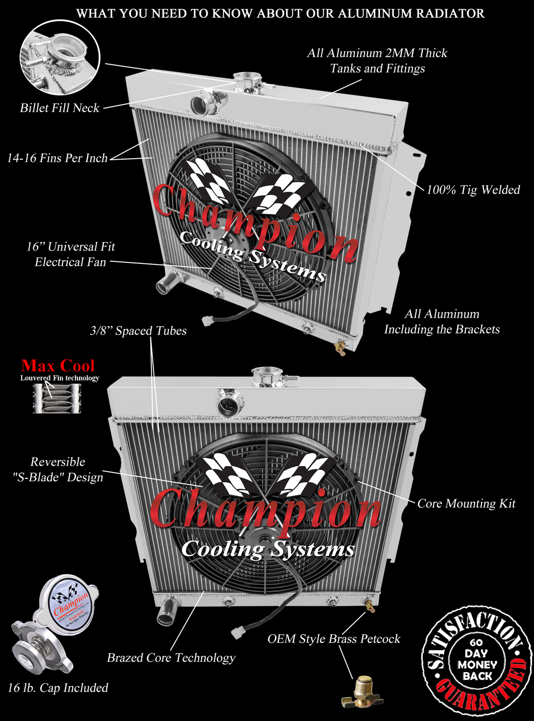RN Champion 4 Row Radiator 22" Core, 16" Fan for 1963 - 1967 Plymouth Belvedere