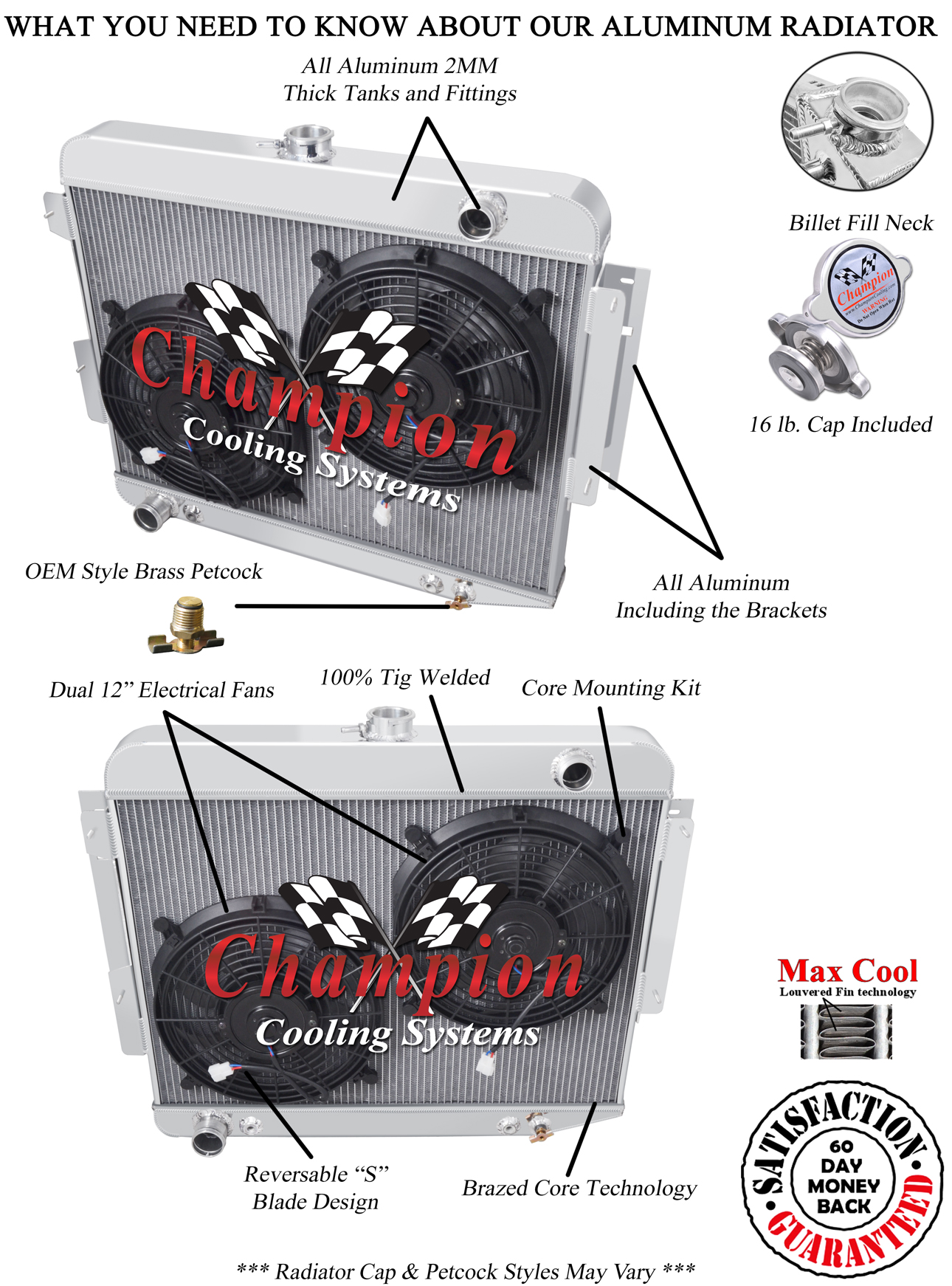 3 Row RS Champion Radiator,12" Fans for 1966-1969 Dodge Charger Big Block V8 Eng