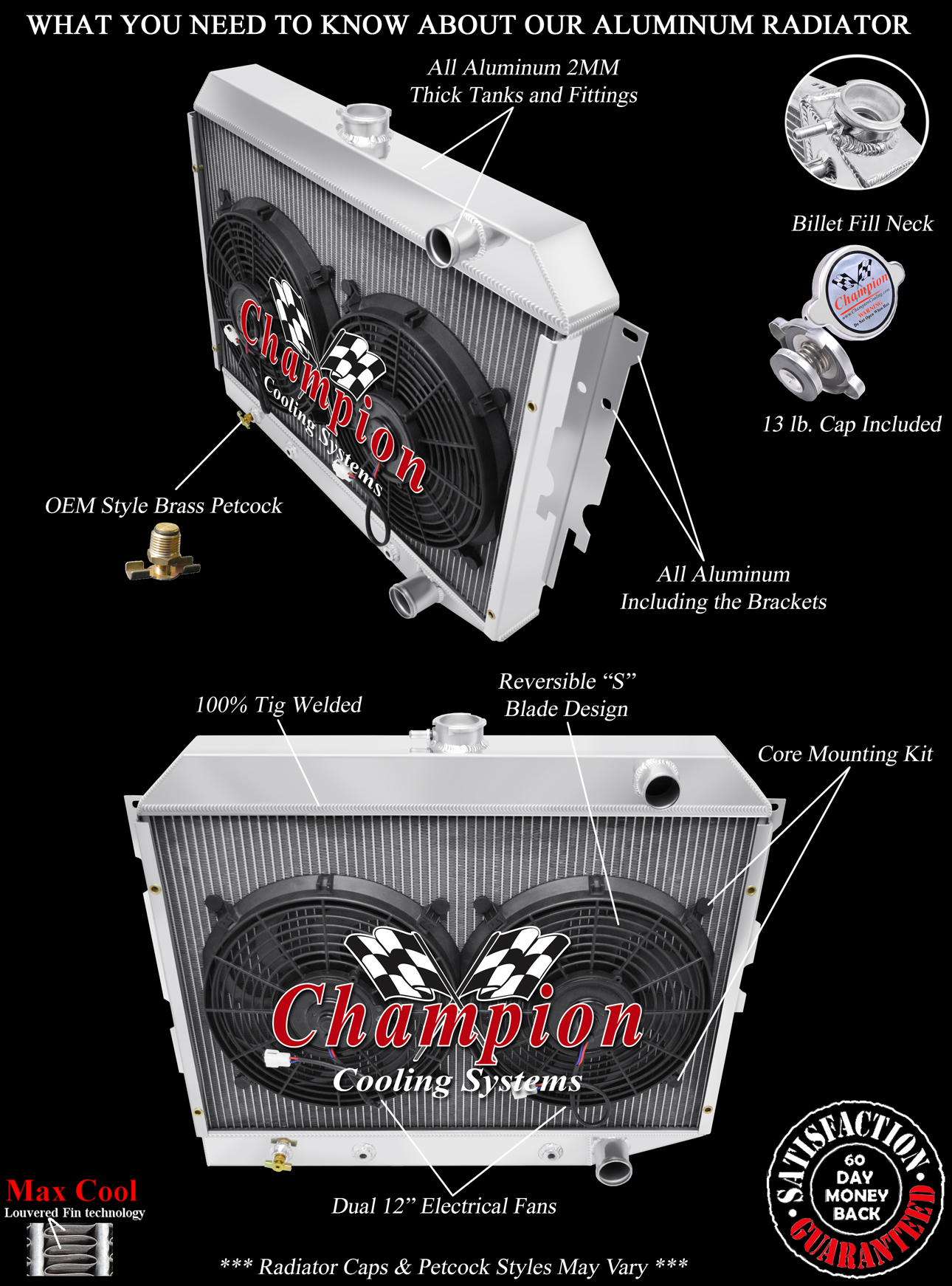 3 Row QR Champion Radiator,2 12" Fans - 1968 - 1973 Plymouth Satellite Hemi Eng