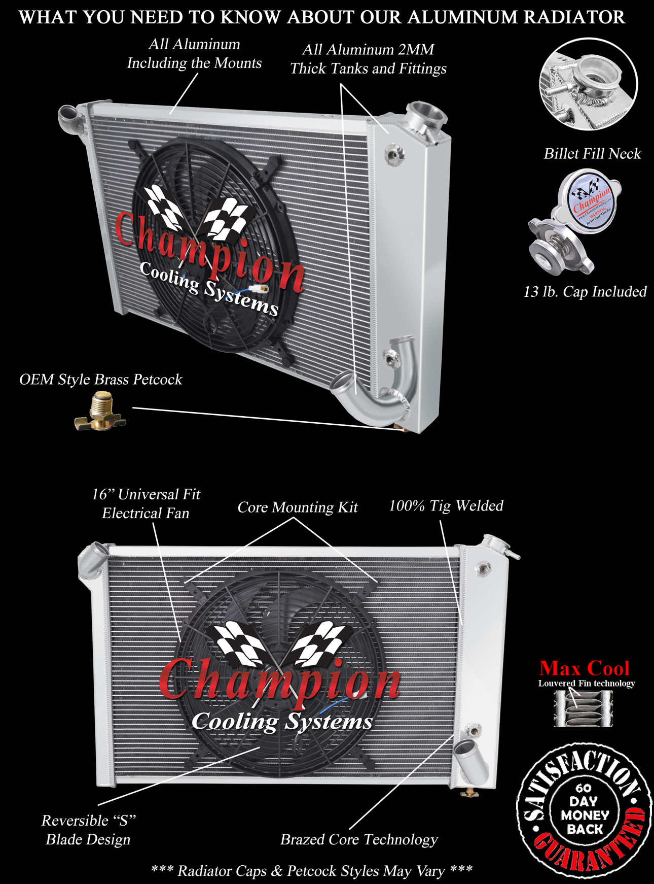 3 Row QR Champion Radiator W/ 16" Fan for 1969 - 1972 Chevy Corvette Small Block 3 Row QR Champion Radiator W/ 16" Fan for 1969 - 1972 Chevy Corvette Small Block