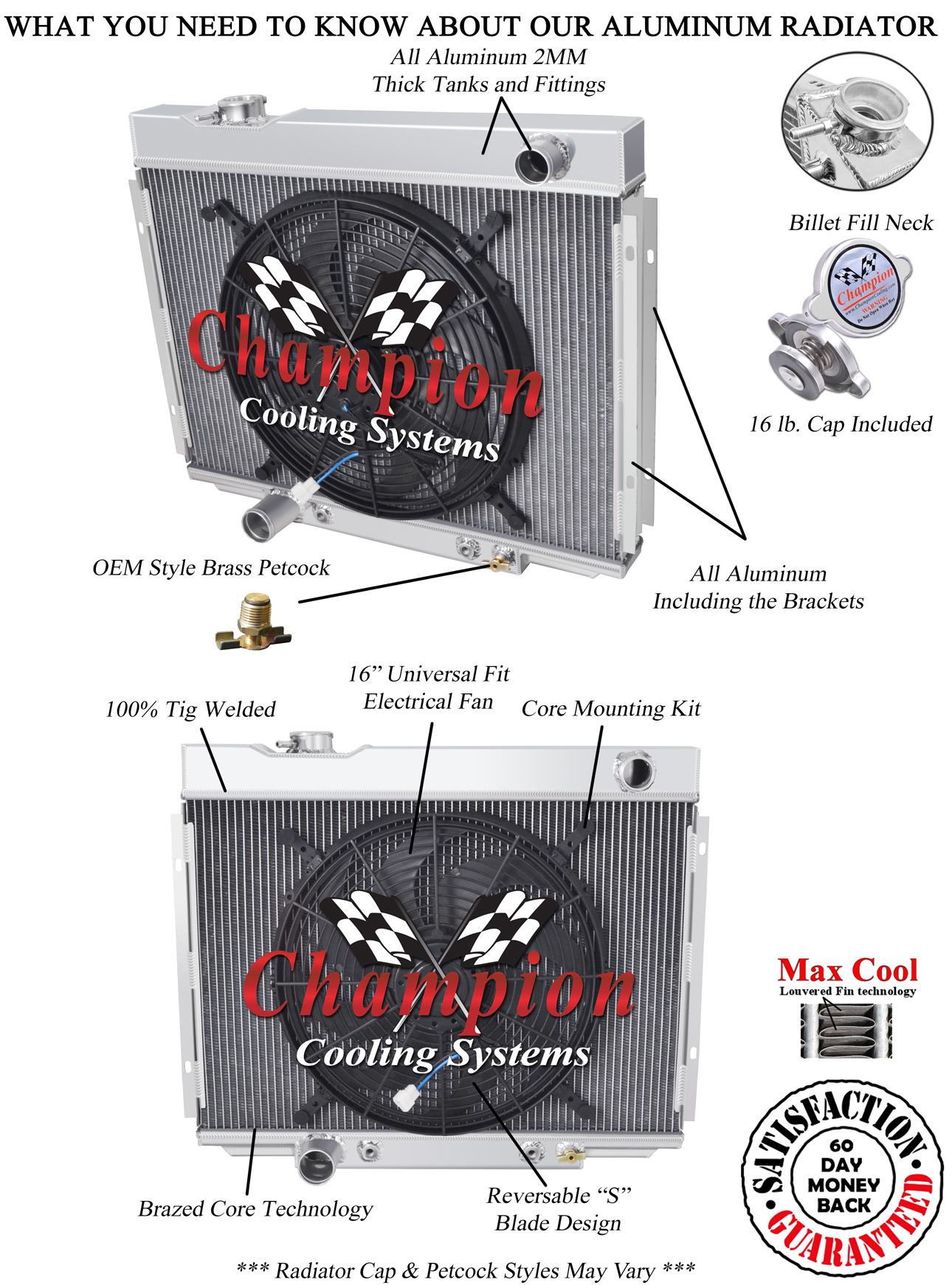 3 Row AAR Champion Radiator W/ 16" Fan for 1967 - 1970 Ford Mustang V8 Engine