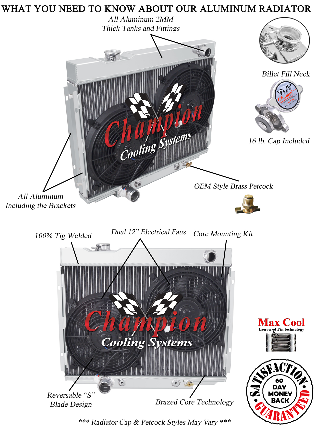 3 Row RS Champion Radiator W/ 2 12" Fans for 1967 - 1970 Ford Mustang V8 Engine