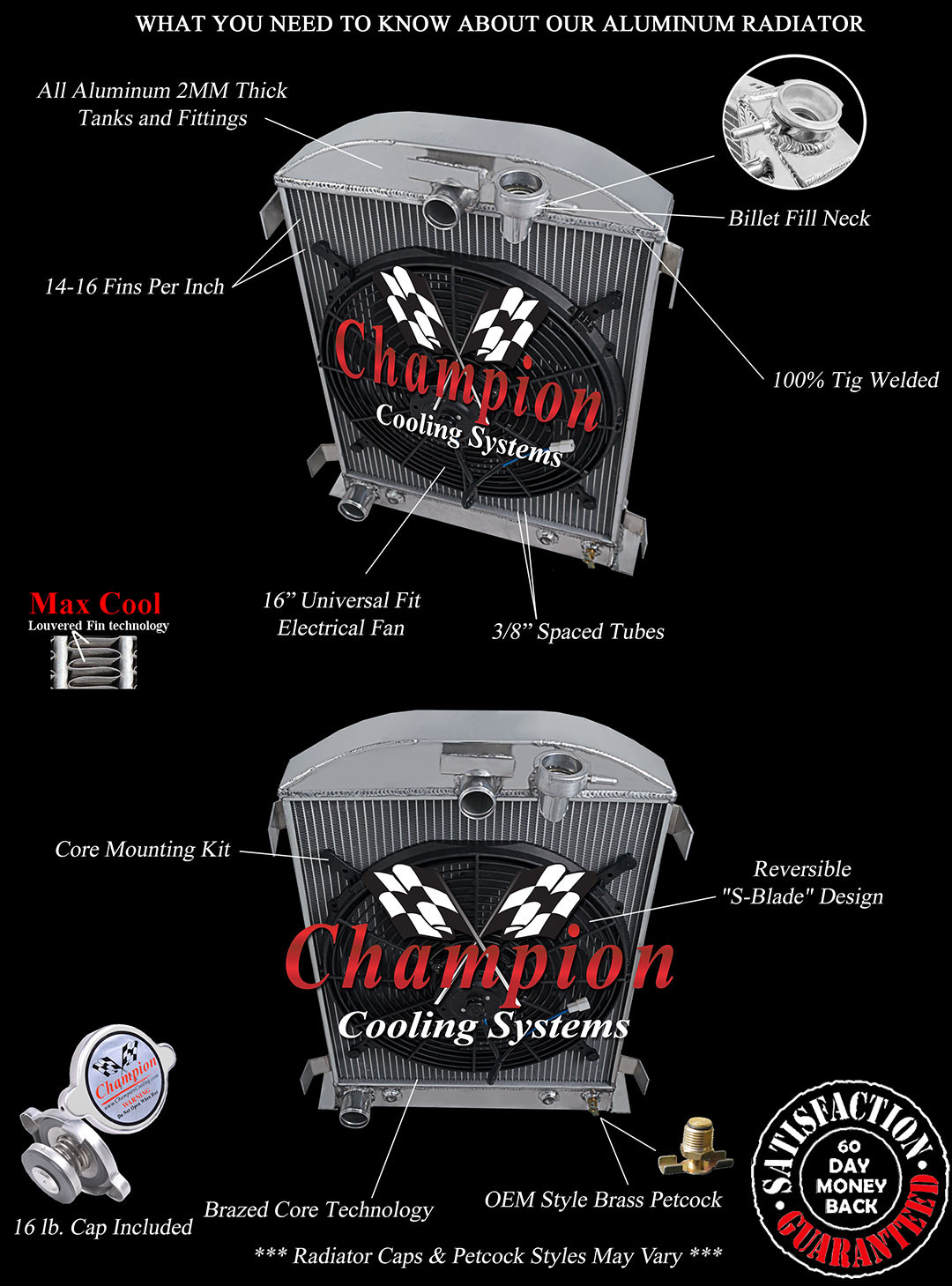 RN Champion 2 Row Radiator Ford Configuration W/ 16" Fan for 1932 Ford High Boy RN Champion 2 Row Radiator Ford Configuration W/ 16" Fan for 1932 Ford High Boy