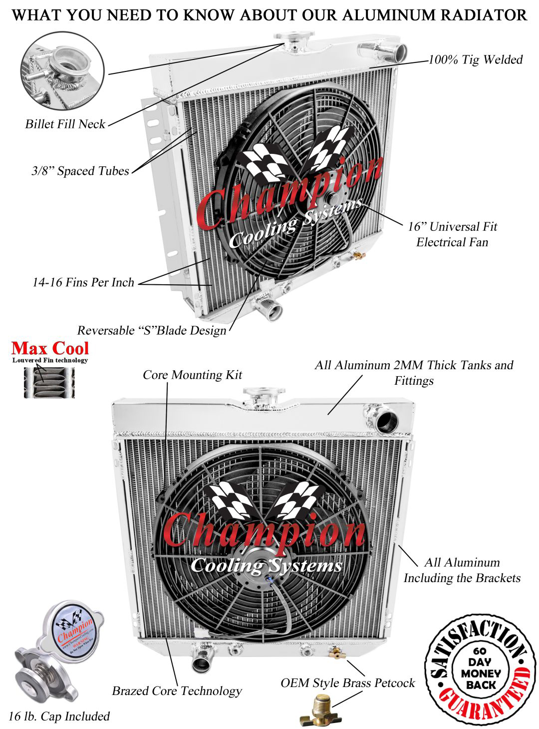 SR Champion 3 Row Radiator Lowerhose Driver 20",16" Fan-1963-1969 Ford Fairlane