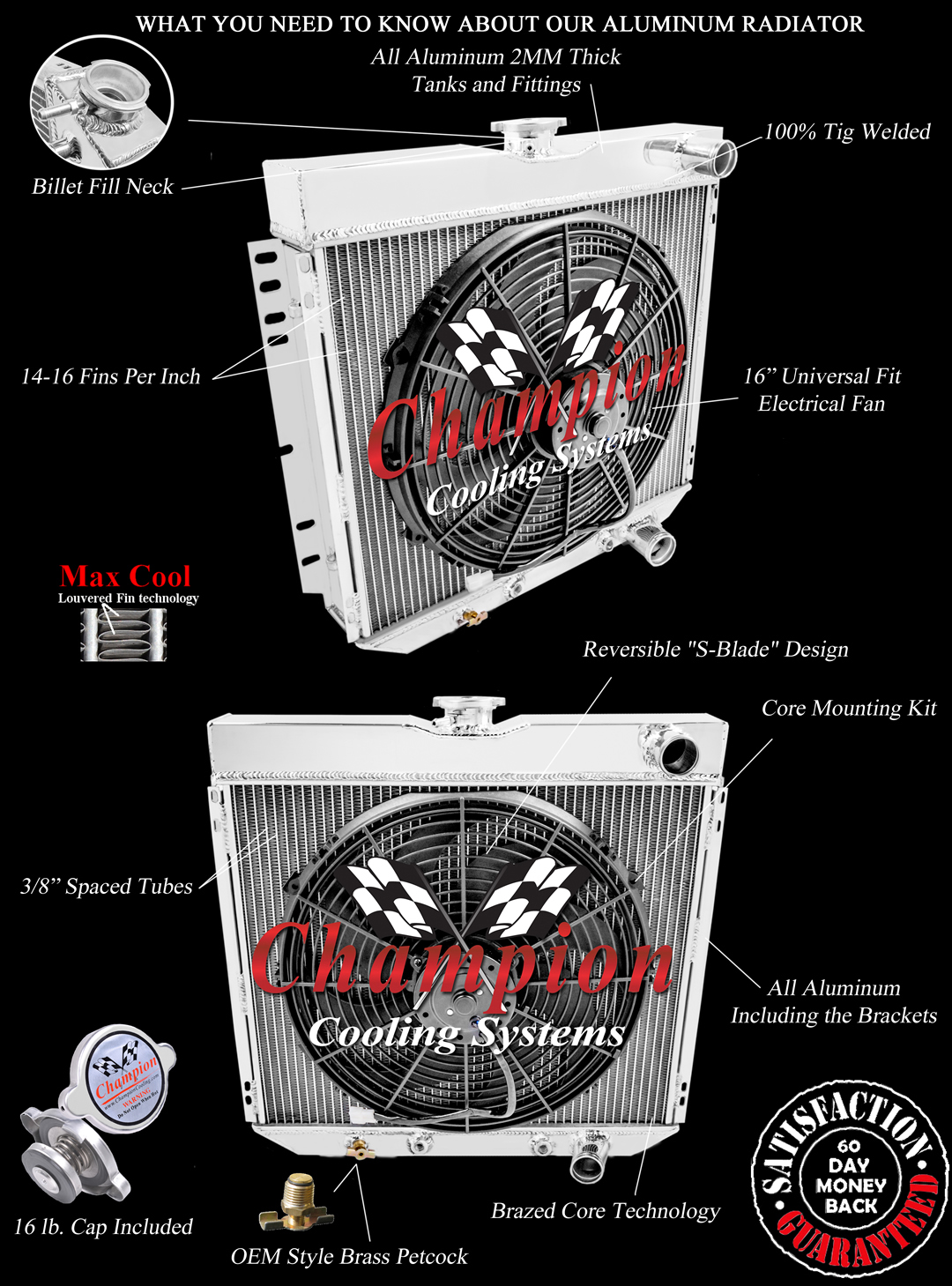 RN Champion 3 Row Radiator Lowhose Pass 20",16" Fan for 1967-1970 Ford Mustang RN Champion 3 Row Radiator Lowhose Pass 20",16" Fan for 1967-1970 Ford Mustang