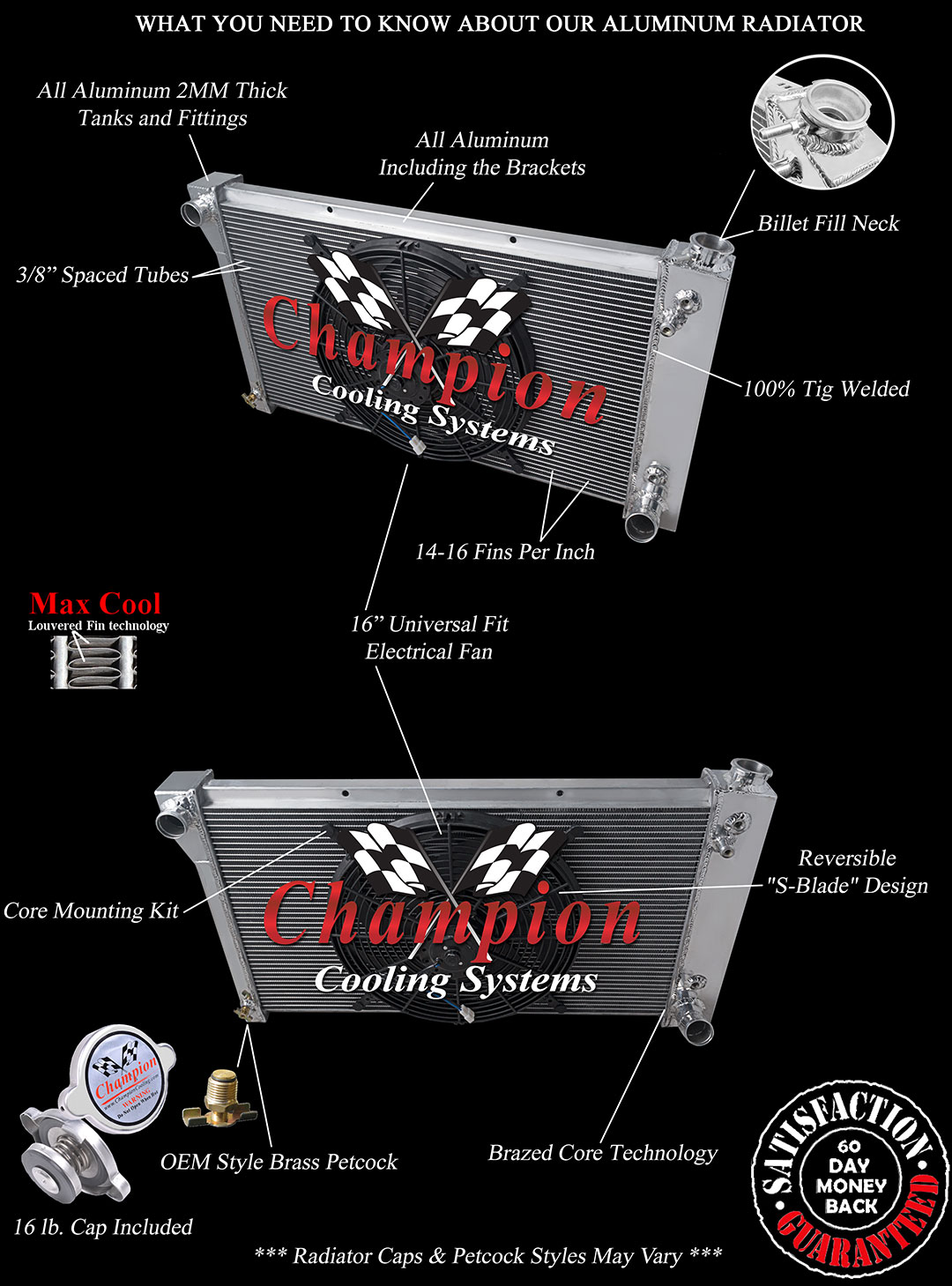 QR Champion 3 Row Radiator 28",16" Fan for 1967 - 1972 Chevy S/T Series V8 Eng