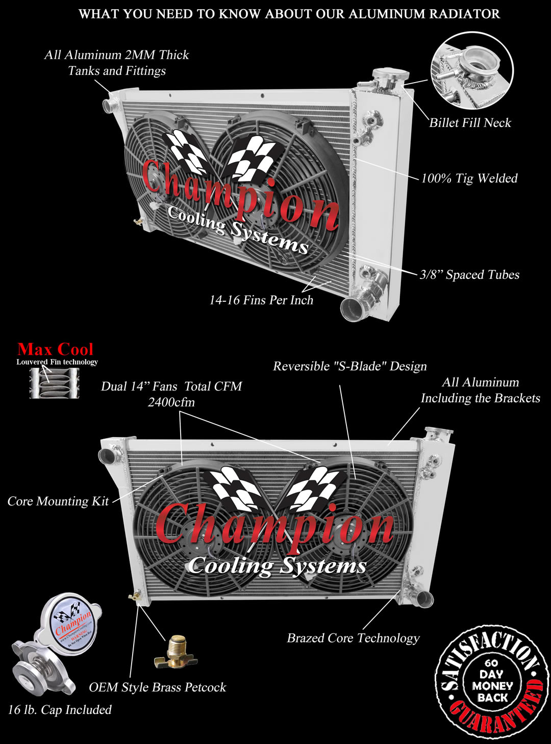 RN Champion 2 Row Radiator 28",14" Fans for 1967 - 1972 Chevrolet Pickup Trucks RN Champion 2 Row Radiator 28",14" Fans for 1967 - 1972 Chevrolet Pickup Trucks