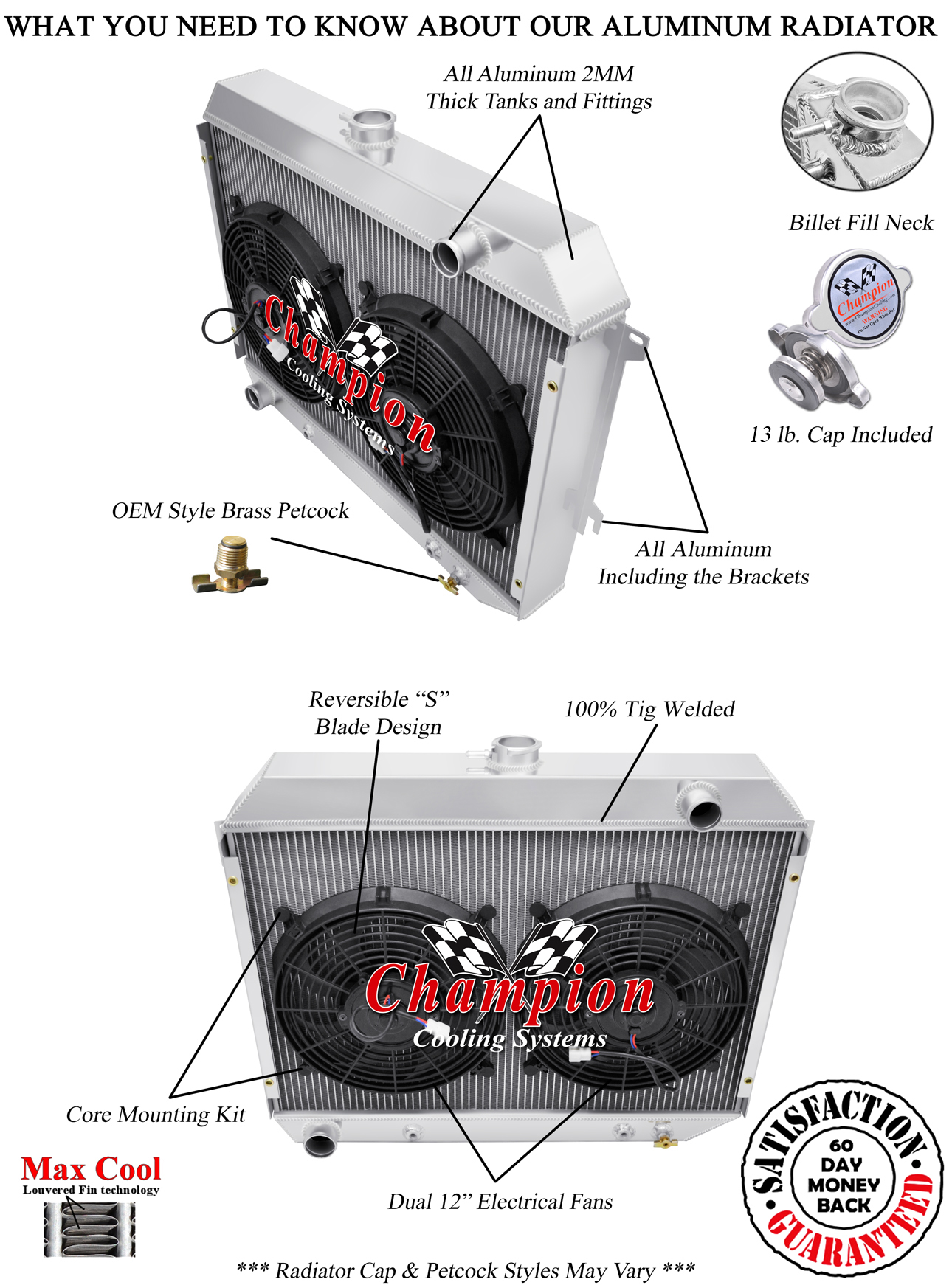 1968-1973 Plymouth Satellite Big Block Aluminum 3 Row Champion Radiator /& Fans
