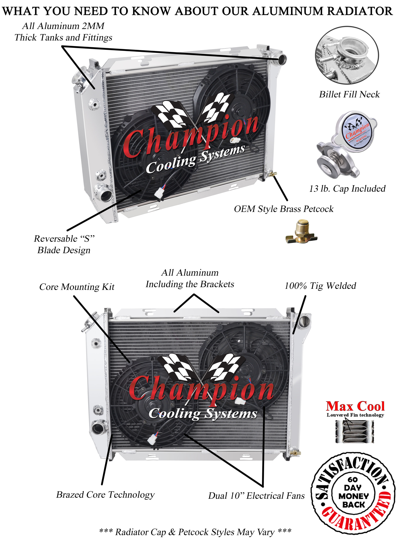 SR Champion 2 Row Radiator W/ 2 10" Fans for 1967 1968 Ford Thunderbird #EC385