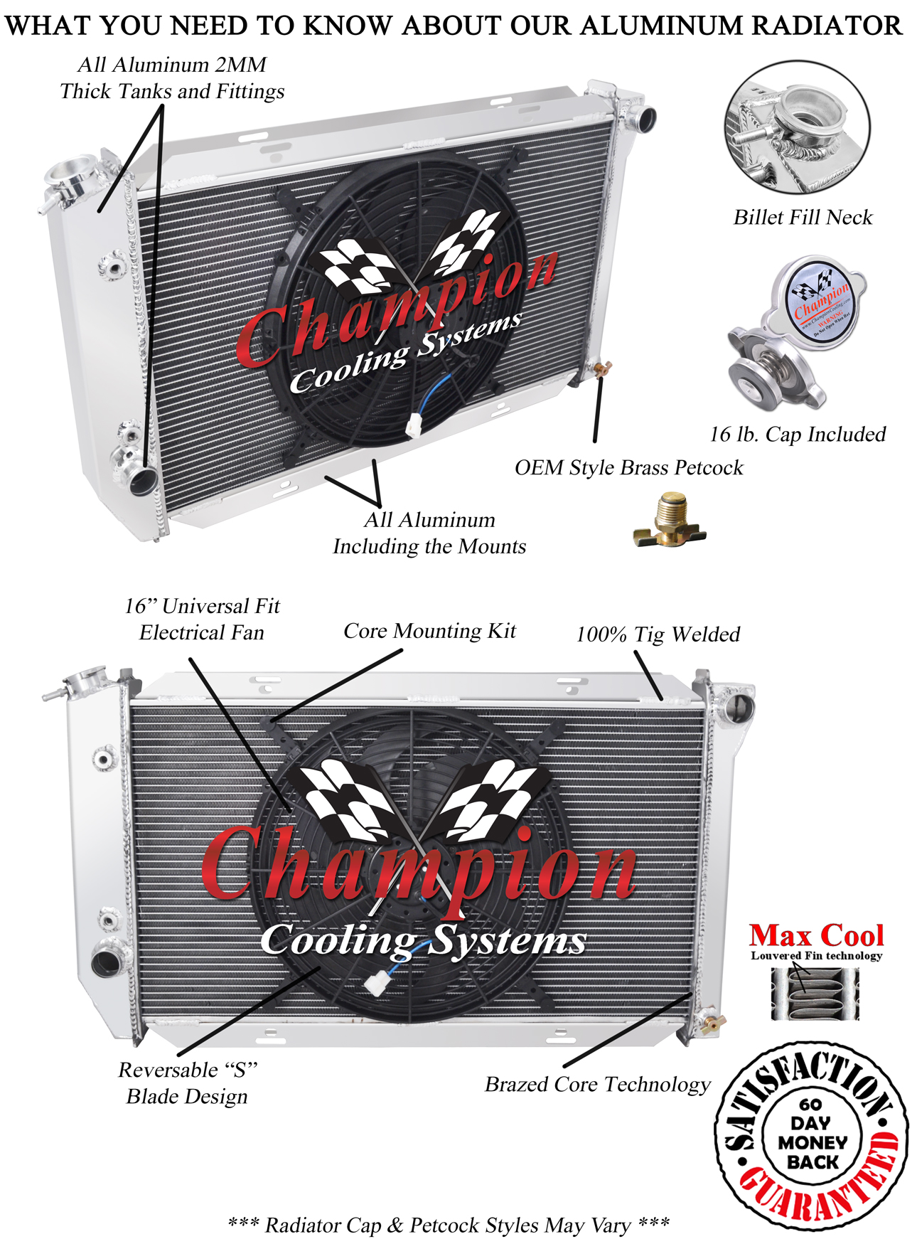 3 Row SZ Champion Radiator W// 2 14/" Fans for 1974-1979 Ford Ranchero