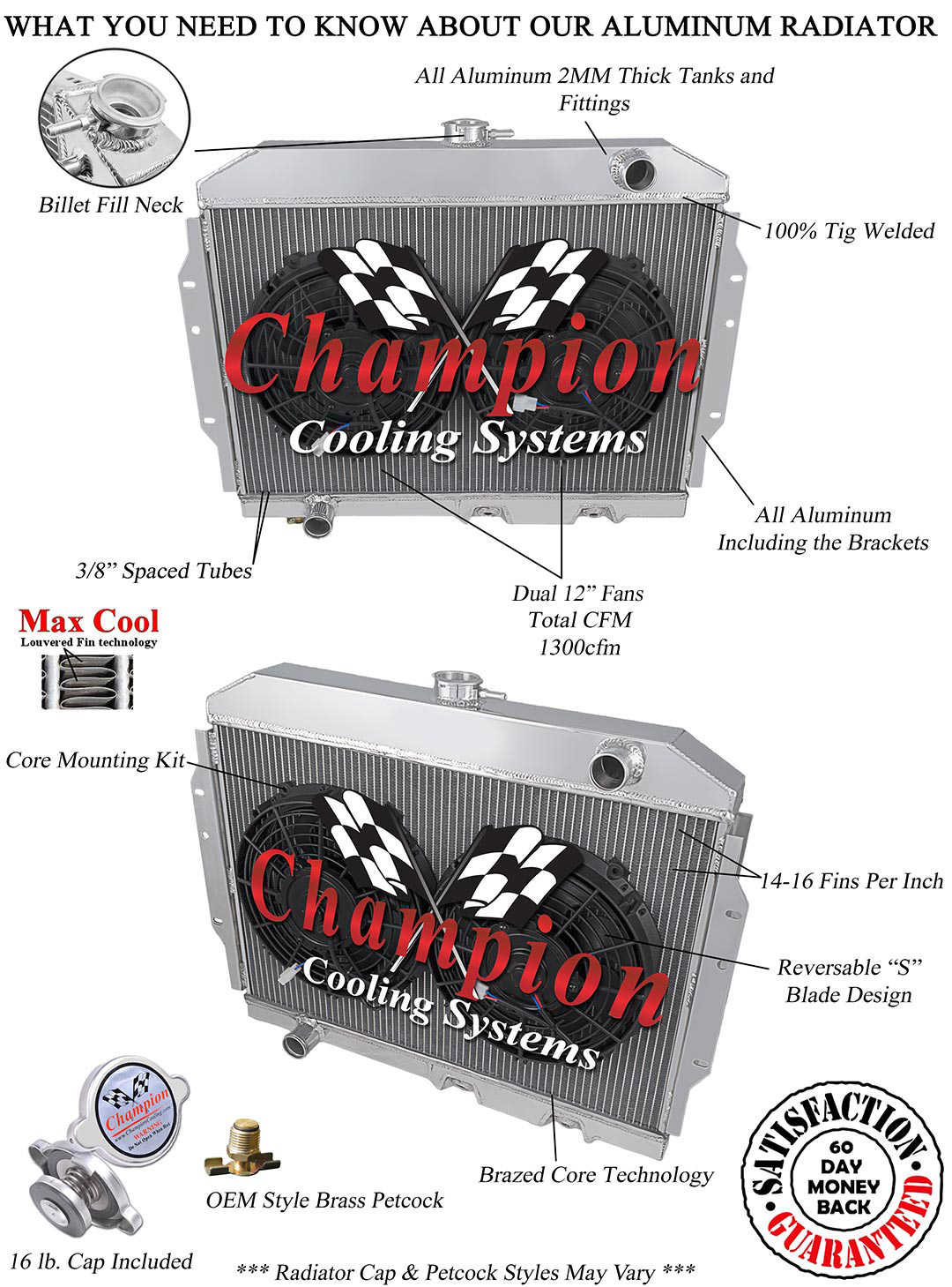 SR Champion 2 Row Radiator W/ 2 12" Fans for 1968 - 1974 American Motors Javelin