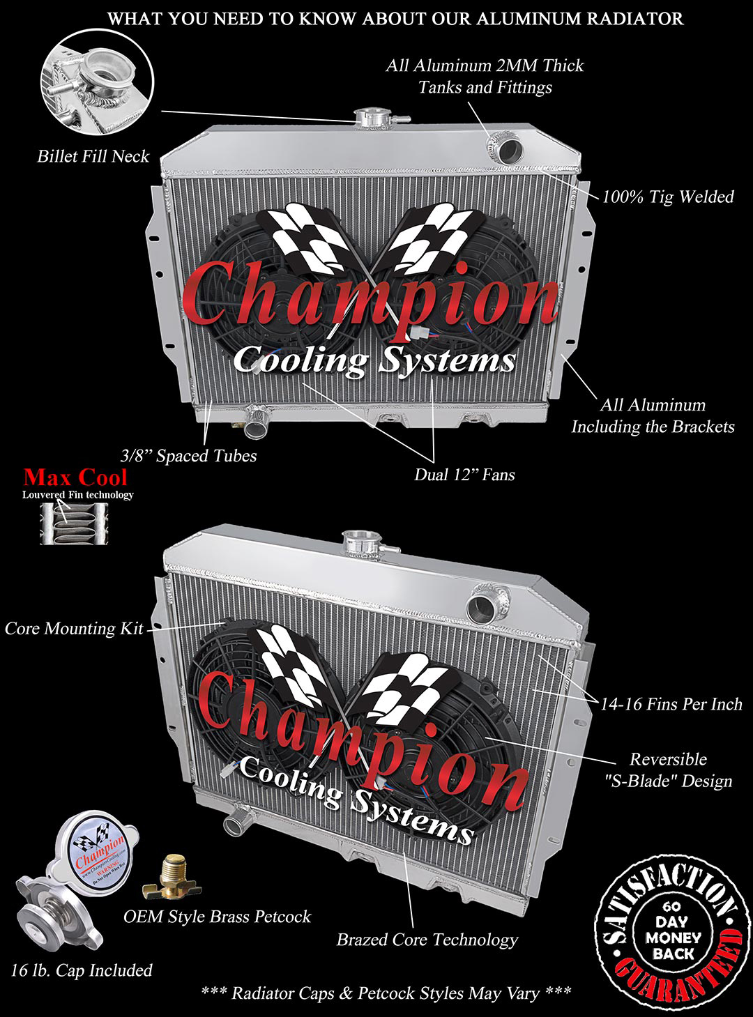 4 Row Rockin Champion Radiator W/ 2 12" Fans for 1968 - 1970 AMX #MC407