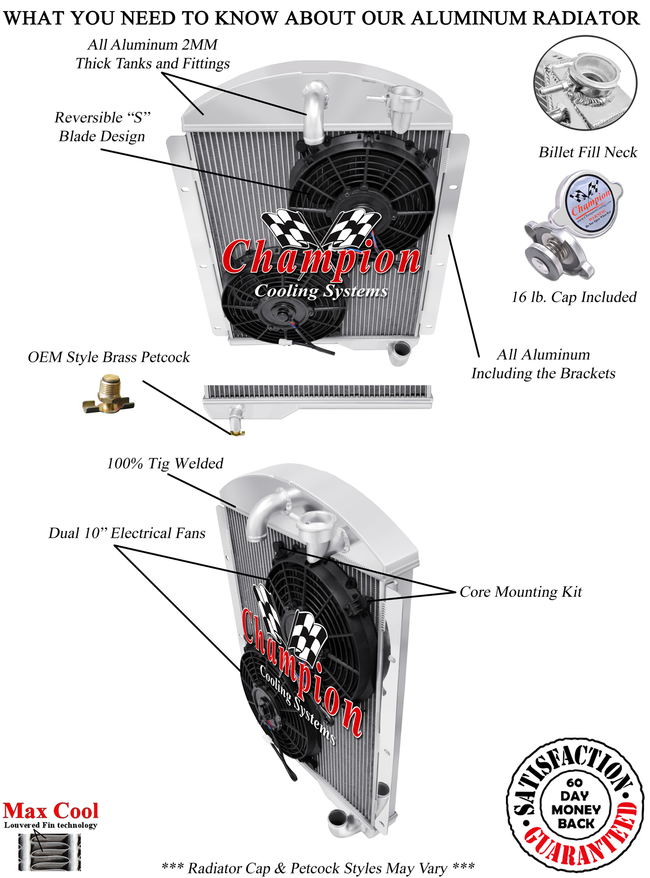 SR Champion 3 Row Radiator W/ 2 10" Fans for 1941 - 1946 Chevrolet Pickup