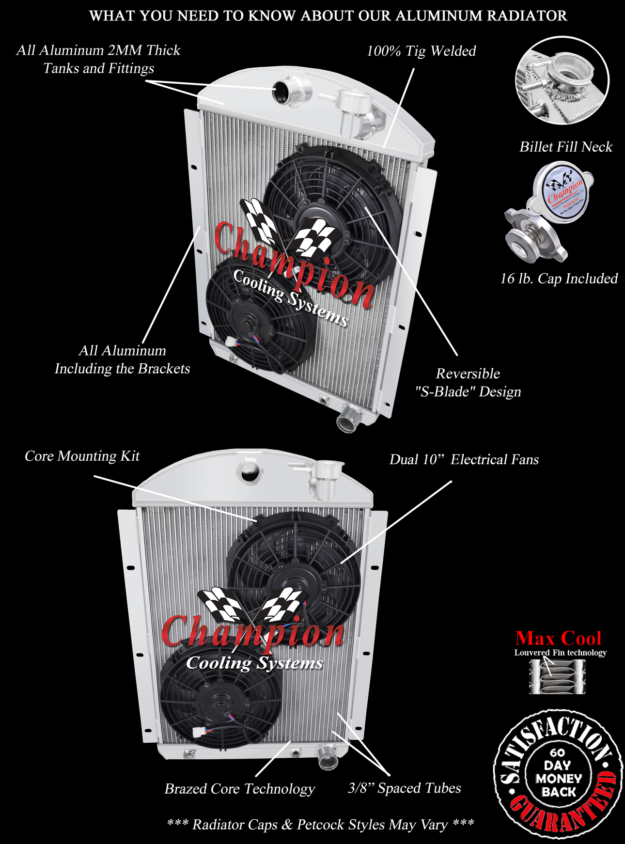 RN Champion 3 Row Radiator Chevy Config,10" Fans for 1941-1946 Chevrolet Truck