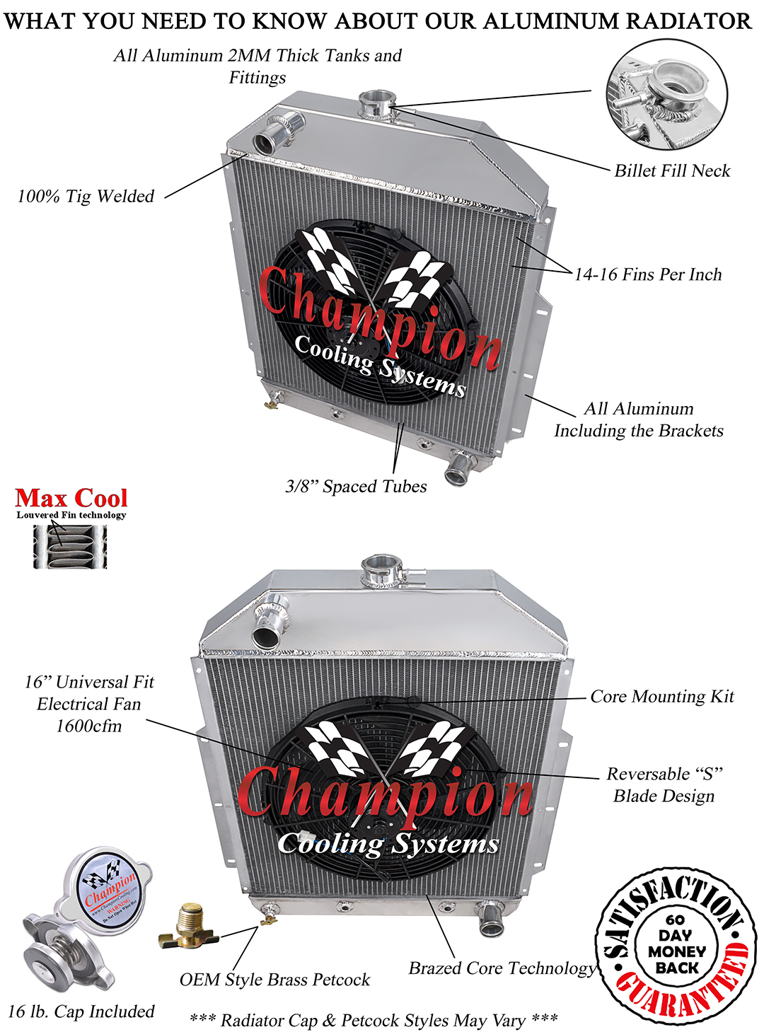 4 Row SZ Champion Radiator W/ 16" Fan for 1942 - 1952 Ford Truck Chevy Conv