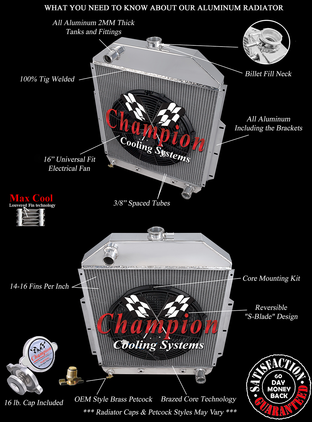 RN Champion 2 Row Radiator Chevy Configuration,16" Fan - 1942 - 1952 Ford Truck