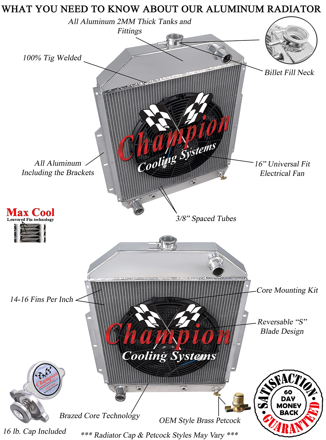 4 Row Cold Champion Radiator W/ 16" Fan for 1942 - 1952 Ford Truck Ford Config