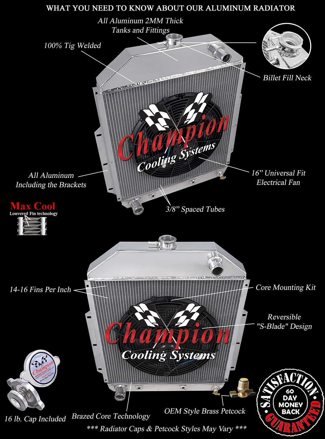 RN Champion 2 Row Radiator Factory Ford Config,16" Fan for 1942-1952 Ford Truck