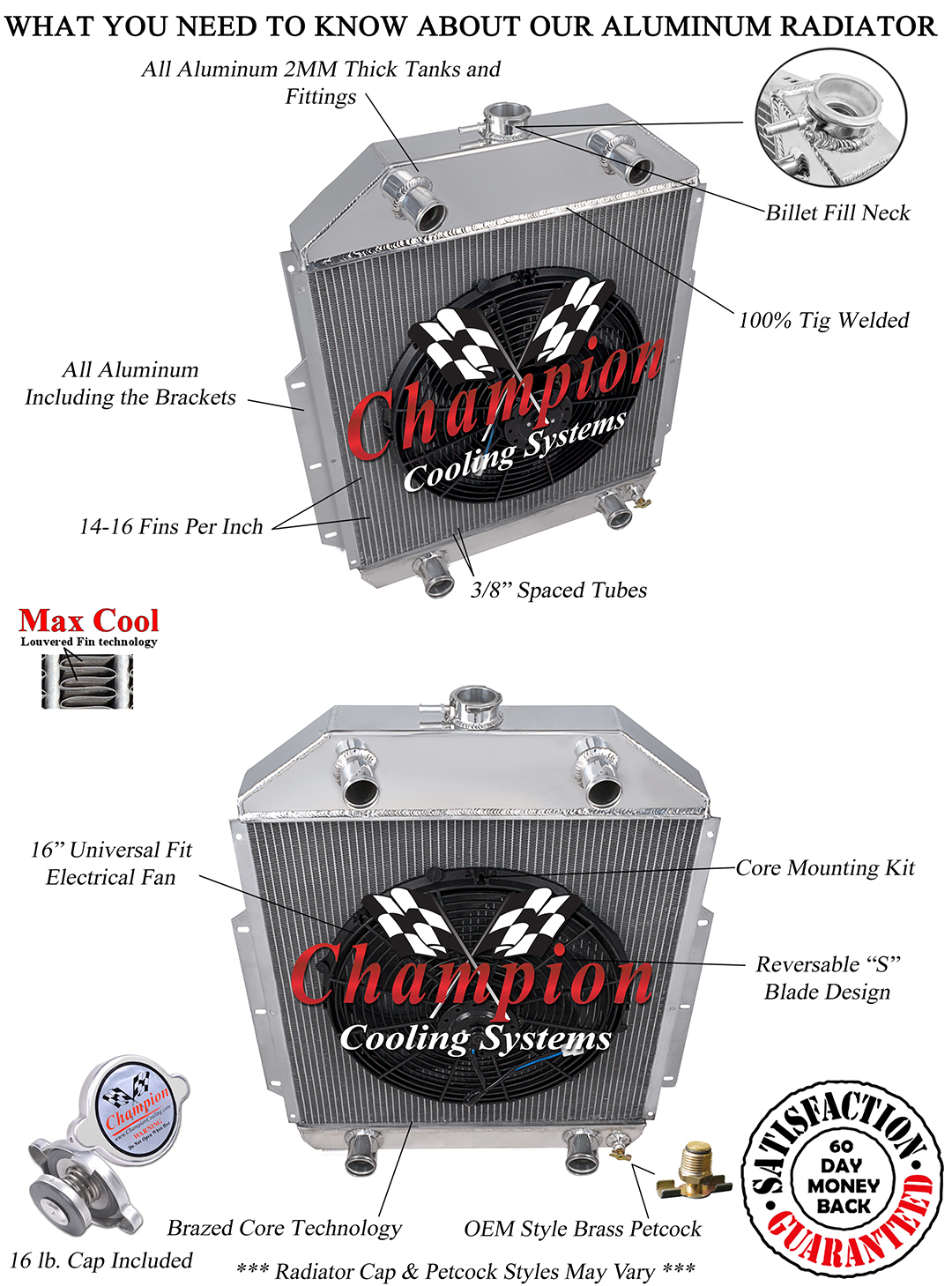 SR Champion 2 Row Radiator Flathead Config,16" Fan for 1942-1952 Ford Truck